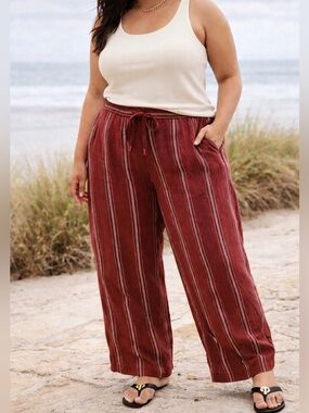 Coldwater Creek Sunset Stripe Wide Leg 100% Linen Pull On Pants 18P Resort Boho
